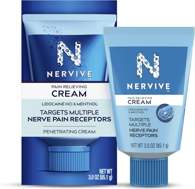 Nervive Pain Relieving Cream, Max Strength Non-Greasy Topical Pain Reliever with Lidocaine and Menthol for Toes, Feet, Fingers, Hands, Legs & Arms, 3.0oz - Image 1
